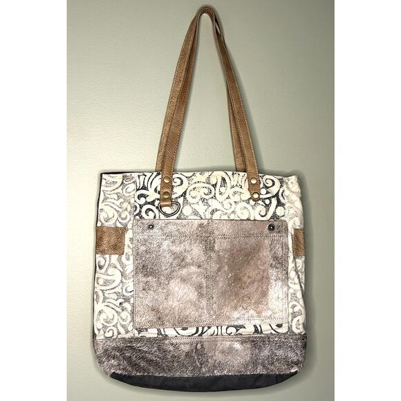 Myra Bag Boulangerie Upcycled Canvas Tote Leather Tan Gray Handbag Western Boho - Picture 1 of 11